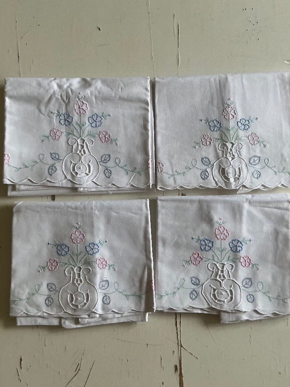 4 Vintage 100% Cotton Floral Embroidered White pillowcases